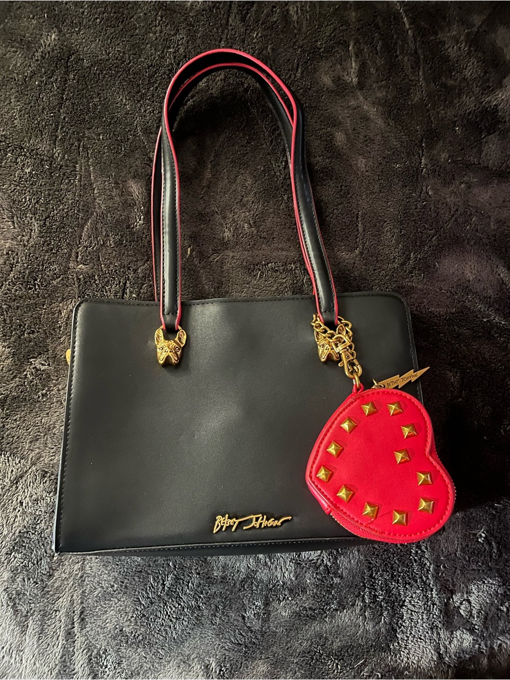 Betsey Johnson Black Frenchie Purse with Red Heart Charm and Gold Accents